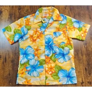 Vtg 60s-70s POMARE Tahiti Hawaiian‎ Shirt Bright Floral Yellow Blue Hibiscus M/L